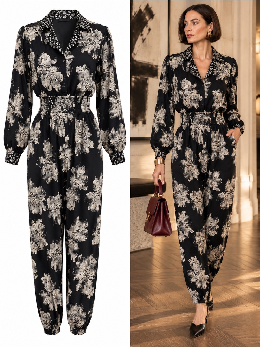 Vintage Carole Little Saint Tropez West Floral Rayon Jumpsuit Black Cream Size 6